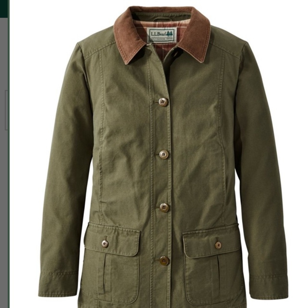 LL Bean Adirondack barn coat in loden with plaid lining